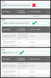 Screenshots of e-Laws’ Table of Proclamations showing different search results when a statute’s long title is used compared with its short title or citation
