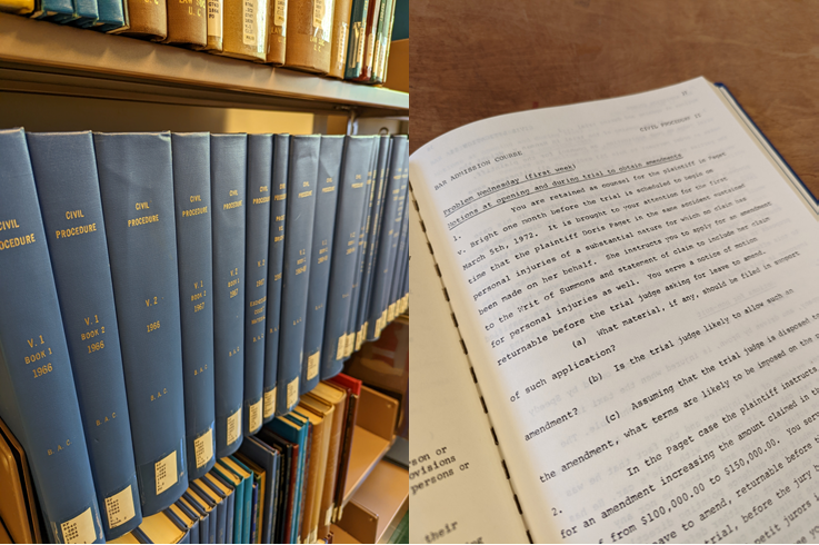 Left image is of older Bar Admissions Course materials volumes are bound in blue hardcover and shelved together. Right image is a close-up view of a typewritten page from the older Bar admissions Course volume on Civil Procedure.