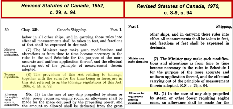 Side by side comparison of the Shipping Act section 94. The left image highlights section 94(8) in the Revised Statutes of Canada, 1952. The right image shows section 94(8) is missing from Revised Statutes of Canada, 1970.