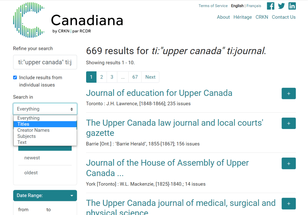 Screenshot of search results on Canadiana after using search syntax. Searching “upper Canada” and “Journal” using the title filters on the left side of the screen yields 669 results.