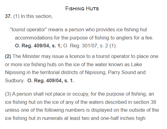 Subsections 1-3 of section 37 titled Fishing Huts from the Ontario Fish Licensing Regulations on e-Laws.