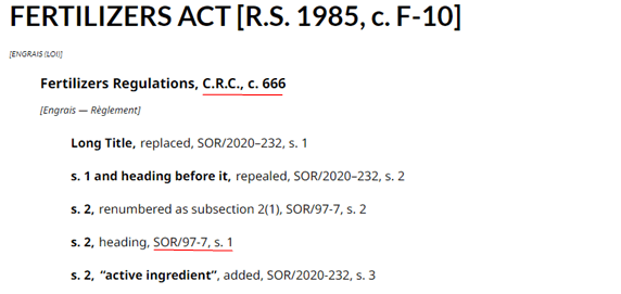 Screenshot of the Consolidated Index of Statutory Instruments, amendment history of sections 1-2 of the Fertilizers Regulations, C.R.C., c. 666 listed under the Fertilizers Act.