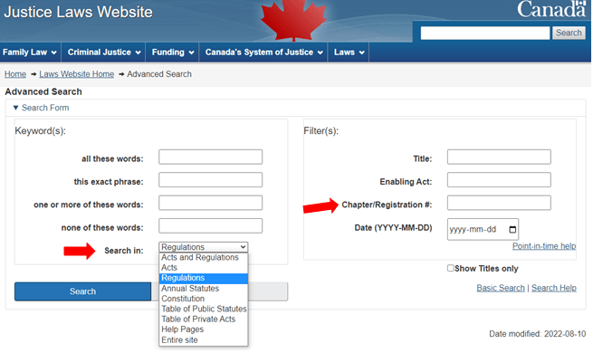 Screenshot of advanced search form on Justice Laws website, highlighting the Chapter/Registration number field and the Search in field. For the Search In field, select Regulations in the dropdown menu.