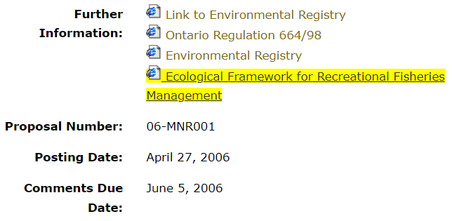 Additional documents can be found in the Further Information section of the proposal page. The document titled “Ecological Framework for Recreational Fisheries Management” is highlighted.