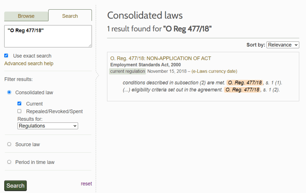 Screenshot of e-Laws search results page, showing 1 result. The regulation's citation was entered into the keyword search with quotation marks; the Use exact search checkbox and the Consolidated Law button were selected.