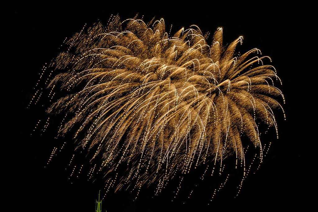 golden fireworks exploding in the night sky