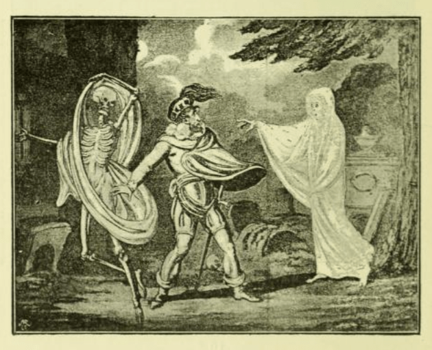 A person in soldier's garb stands between a ghostly figure in white robes on the right, and a skeleton draped in a sheet who appears to be running away, on the left.