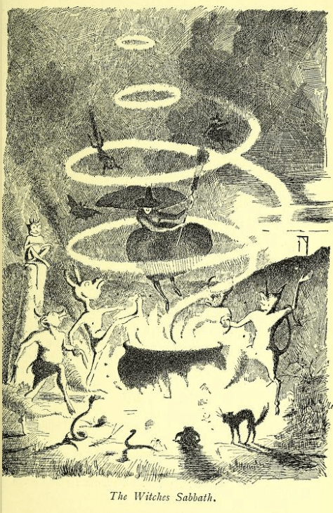 A figure wearing a black dress and pointed hat, holding a broom, hovers above a cauldron surrounded by dancing nonhuman creatures, while a frightened cat watches.