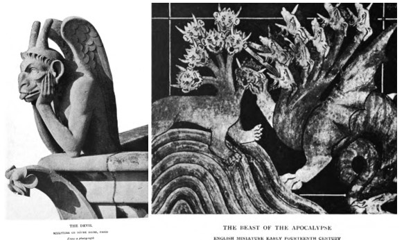 close-up of sculpture of the Devil resting its head on hands. Close-up of miniature of the devil in monster form, with many heads.