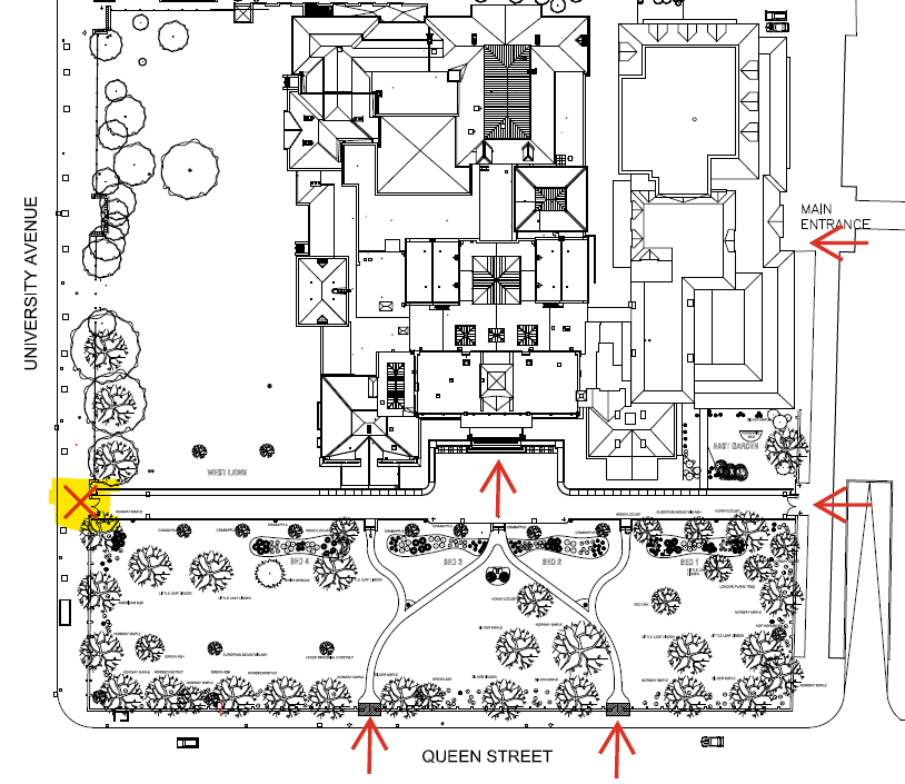 aerial illustration of Osgoode Hall and South courtyard with red arrows indicating public access points