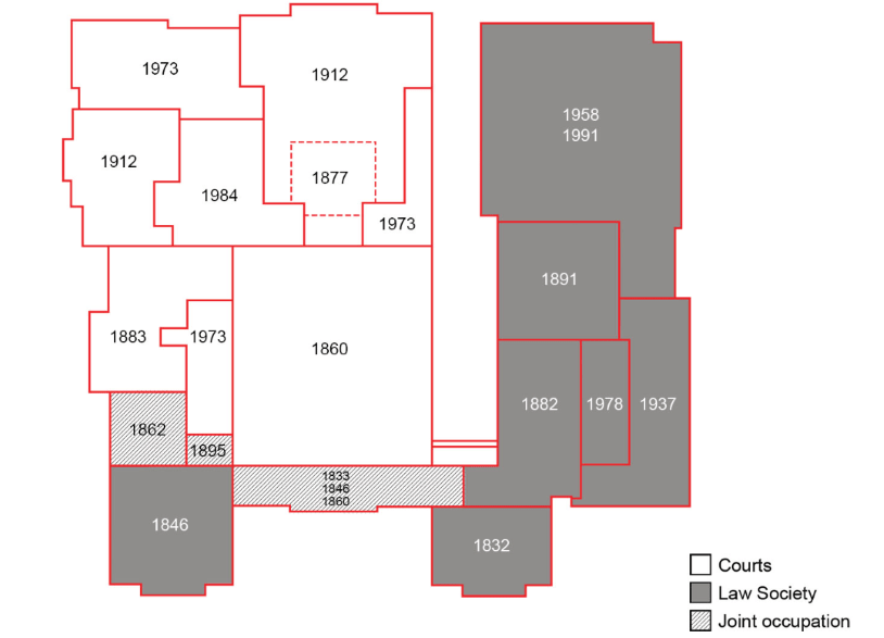 map of Osgoode Hall showing the years various rooms and wings were built
